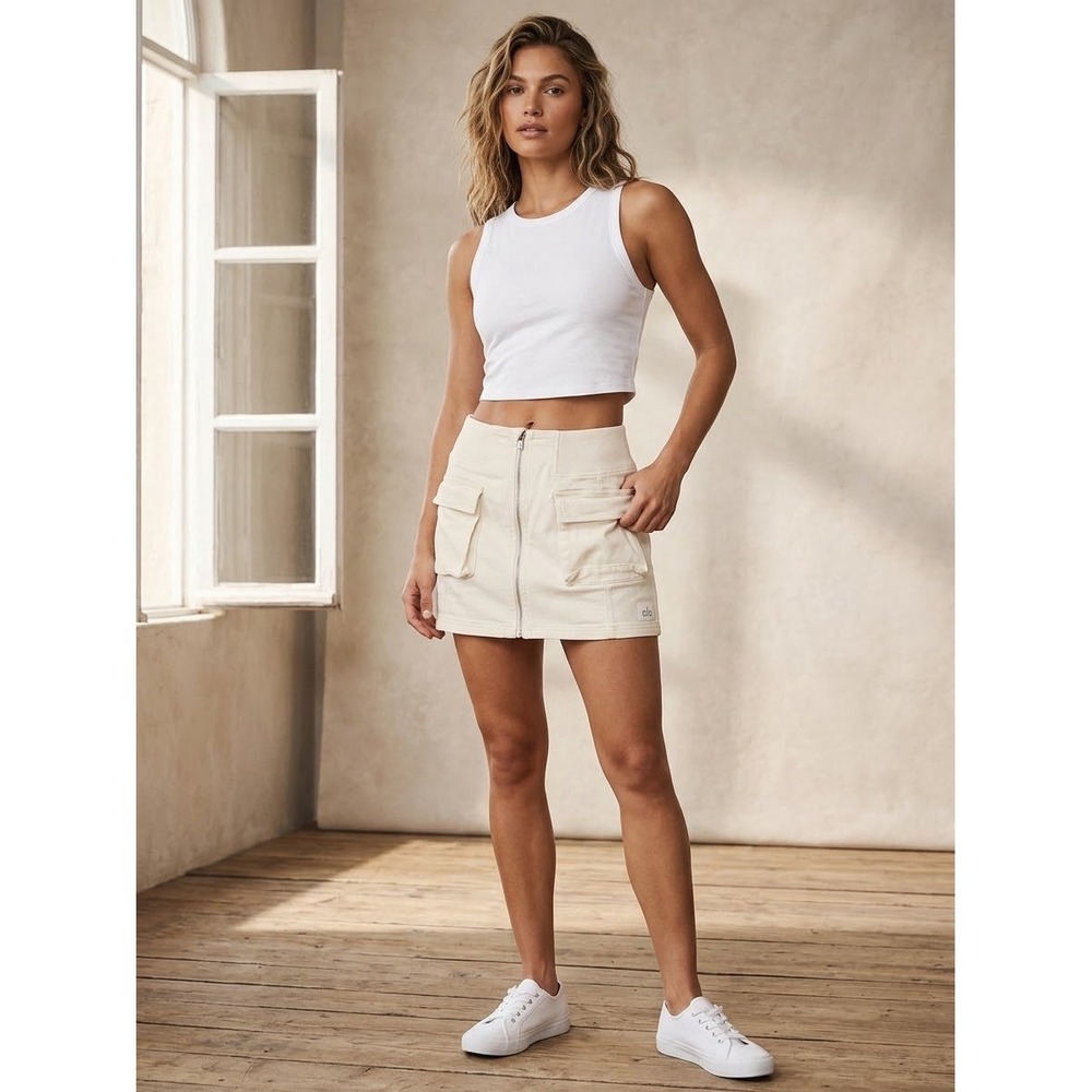 Alo Yoga Night Out Ivory Cargo Mini Skirt Full Zip Ribbed Waist Cream